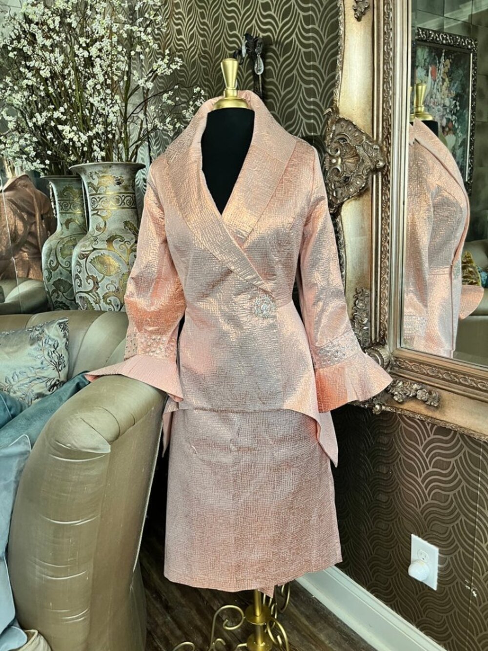 Midnight velvet peach-colored brocade skirt suit